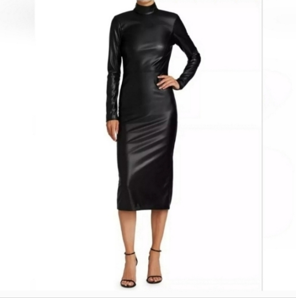 ALICE + OLIVIA DELORA VEGAN LEATHER MOCKNECK MIDI DRESS SIZE 4 - Picture 8 of 15